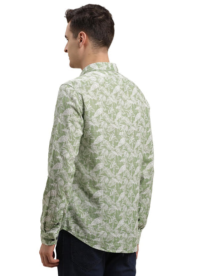 Turtle Men 100% Cotton Printed Slim Fit Olive Green Casual Shirt