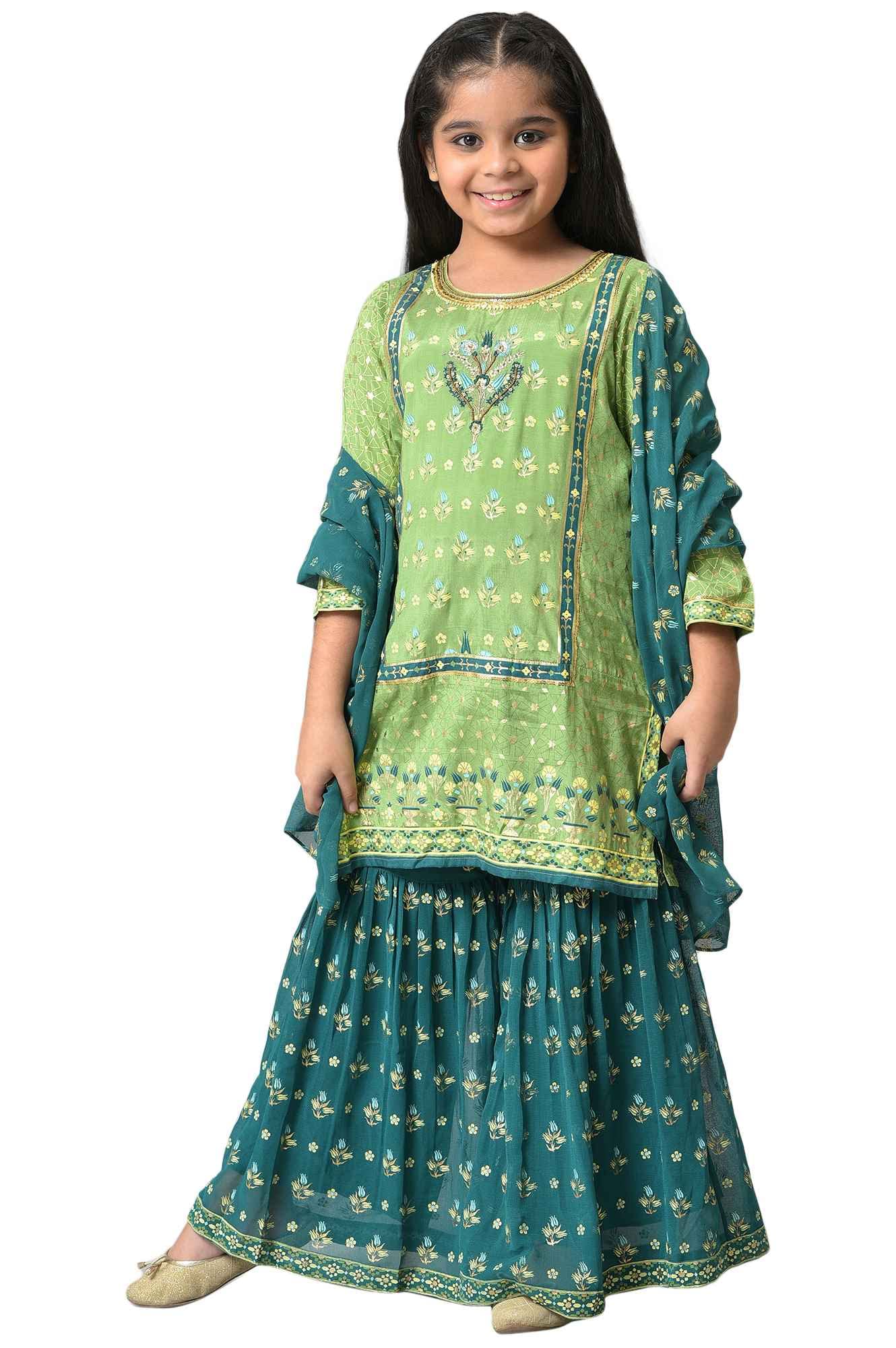 Aurelia Girl's Viscose Kurta-Sharara-Dupatta (22AUG10150B-504350_Green