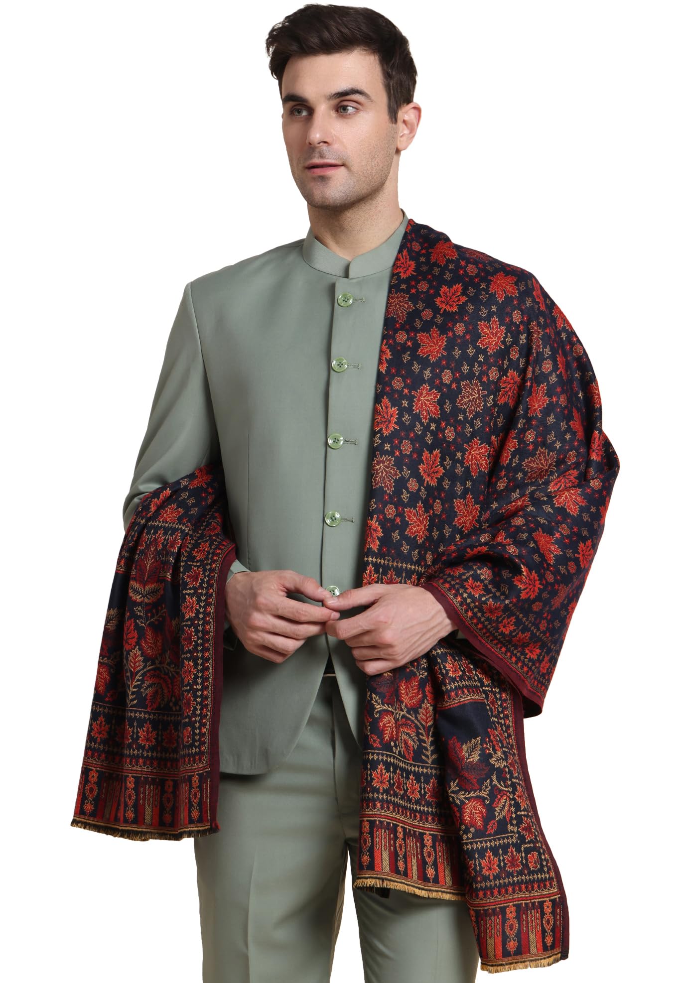 Weavers Villa Mens Acro Wool Blend Shawl - Handloom Woven Kullu Pattern - Stoles for Men - Gents Shawls - Soft & Warm Wrap - Id