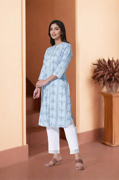 W For Women Blue Geometric Printed Straight Shirt Kurta And Straight Pants Set