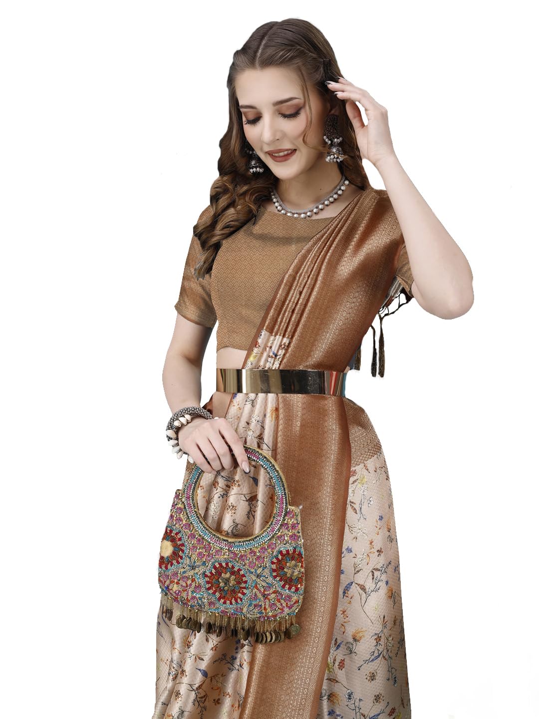 Pujia Mills Smooth Silk Saree For Women Indian Ethnic Wear Pure Silk Blend Zari Weaving Floral Digital Printed Smooth Silk Light