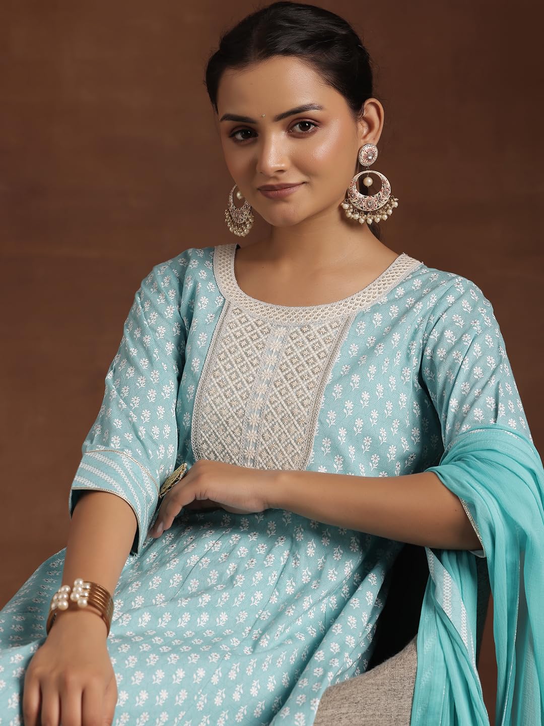 Libas Womens Printed Cotton A-Line Kurta With Churidar And Dupatta