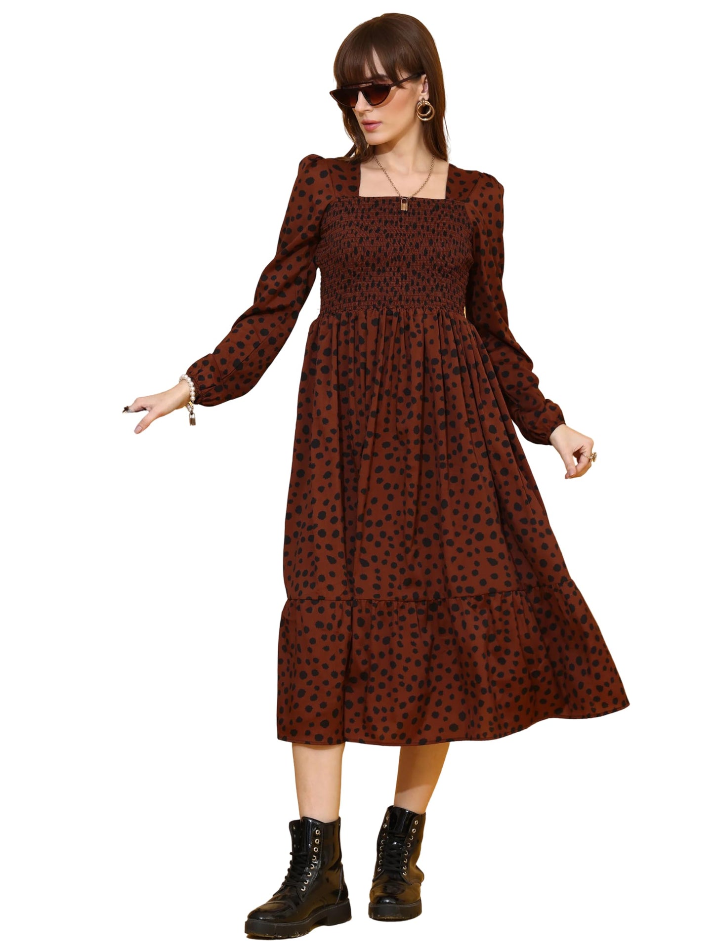 Sheetal Associates WomenS Crepe Fabric Frock Dress With Long Puff Sleeves Collared Neck Printed Pattern And Calf Length Pull On