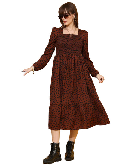 Sheetal Associates WomenS Crepe Fabric Frock Dress With Long Puff Sleeves Collared Neck Printed Pattern And Calf Length Pull On