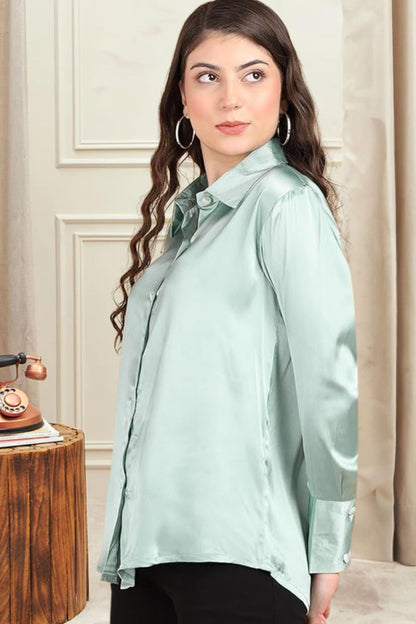 POPWINGS Women Polyester Solid Satin Shirt | Satin Shirts Stylish Western| Regular Fit and Full-Sleeves Casual and Semi-Formal S