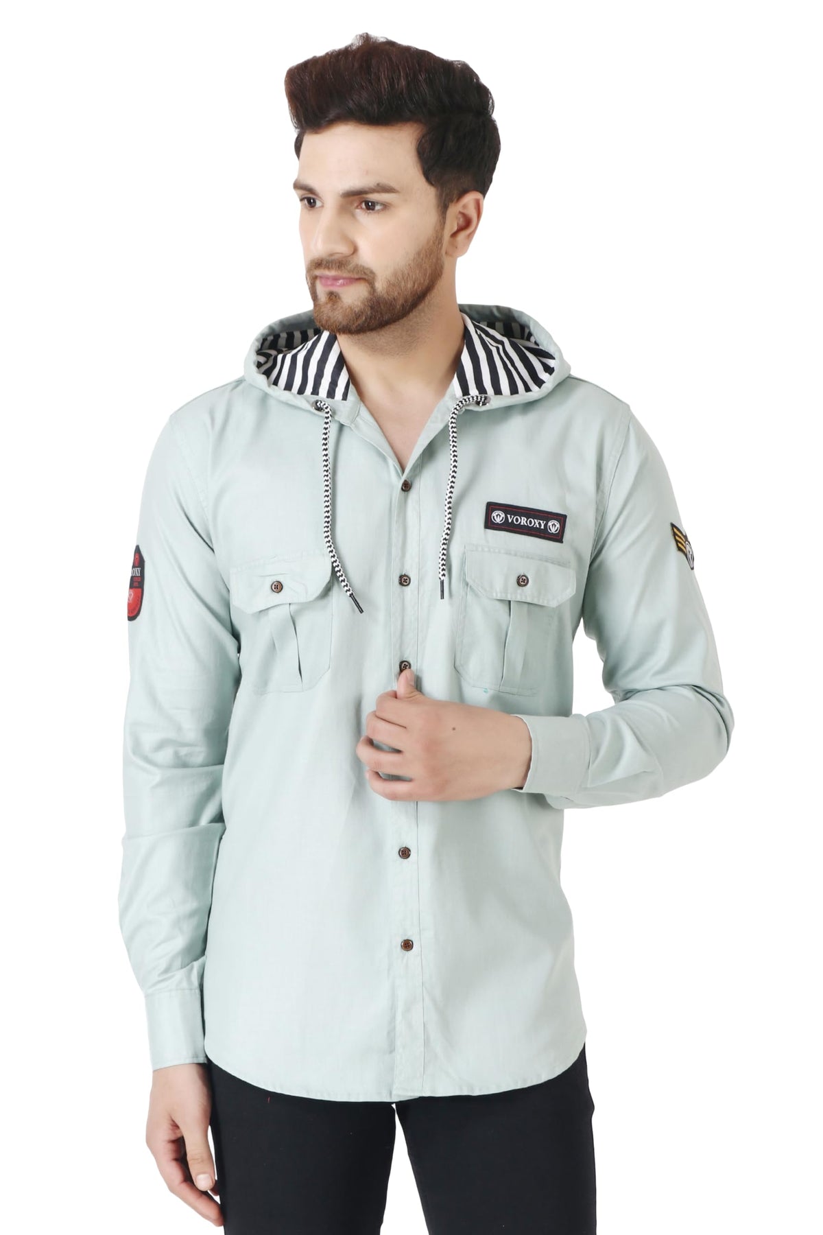 Besix MenS Grey Tailored Fit Cotton Blend Shirt For Man With Hoodie - Casual Long Sleeve Shirt With Pockets - Patch Detail For