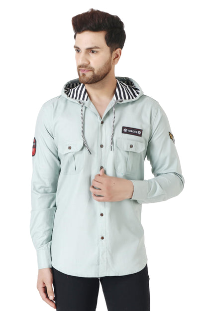 Besix MenS Grey Tailored Fit Cotton Blend Shirt For Man With Hoodie - Casual Long Sleeve Shirt With Pockets - Patch Detail For
