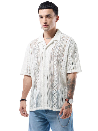 Bewakoof MenS Self Design Oversized Fit Half Sleeve Resort Collar Pure Cotton Crochet Shirt_633635_Beige_2Xl