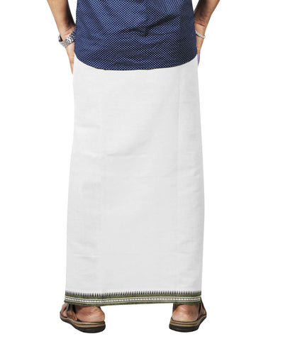 Prakasam Cotton Mens Cotton Kerala Thalapathi Border Welcro Pocket Dhoti (Free Size Dhoti) / White Colour Thalapathi Adjustable