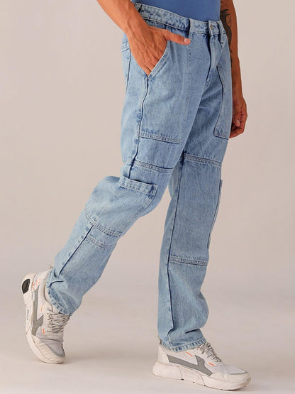 The Indian Garage Co Men Dad Fit Solid Mid-Rise Cargo Denim