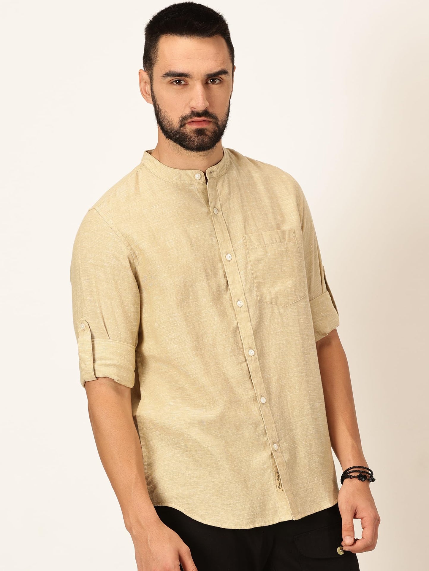 Thomas Scott Cotton Linen Mandarin Collar Roll Up Sleeve Casual Shirt for Mens Khaki