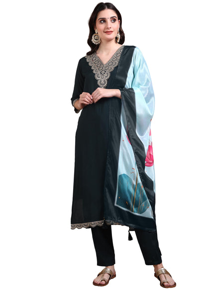 Memore WomenS Silk Embroidered Kurta Pant Set With Digital Printed Dupatta V Neck 3/4 Sleeves Straight Calf Length And Solid Bo