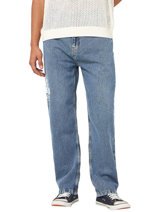 Bewakoof Mens Embroidered Straight Fit Washed Pure Cotton Jeans_684678_Blue_30
