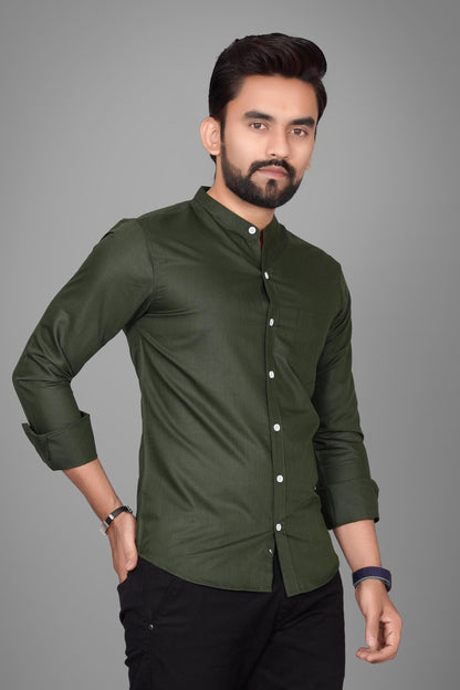 Besix MenS Cotton Solid Shirt With Mandarin Collared Full Sleeve Button Closure Curved Hem Straight Length And One Pocket | Mdr