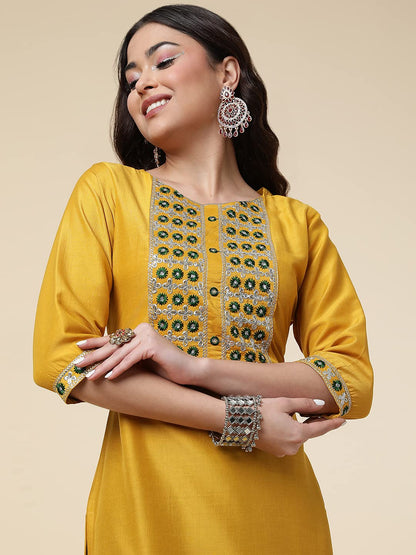 Shiv Textiles Silk Embroidered Kurta Set For Women (224-Yellow-Xl)