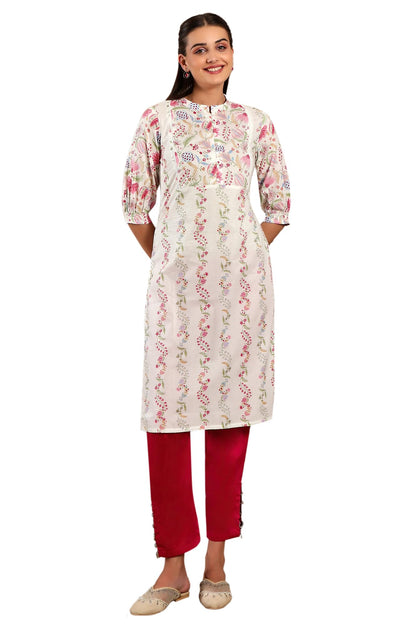 W For Woman White Floral Printed Pure Cotton Straight Kurta With Gathered Sleeves