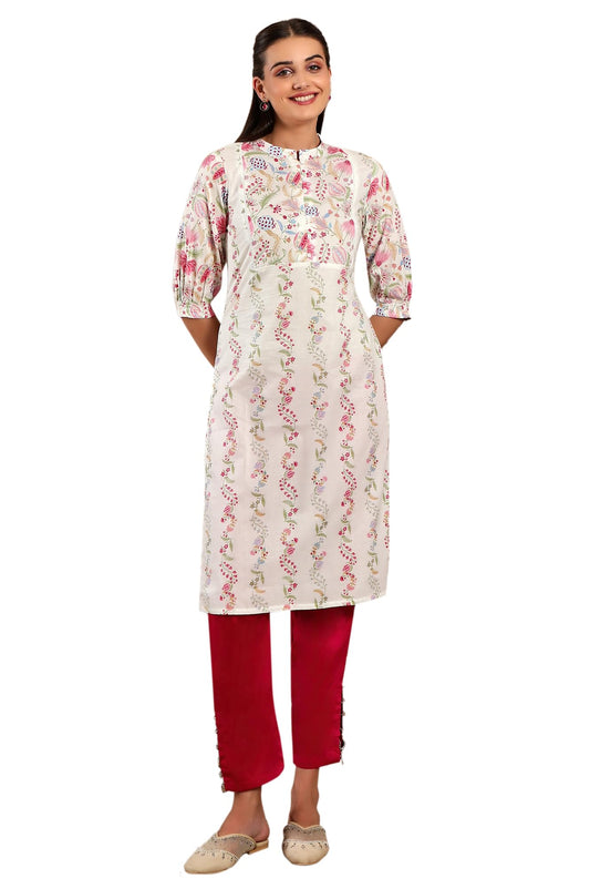 W For Woman White Floral Printed Pure Cotton Straight Kurta With Gathered Sleeves