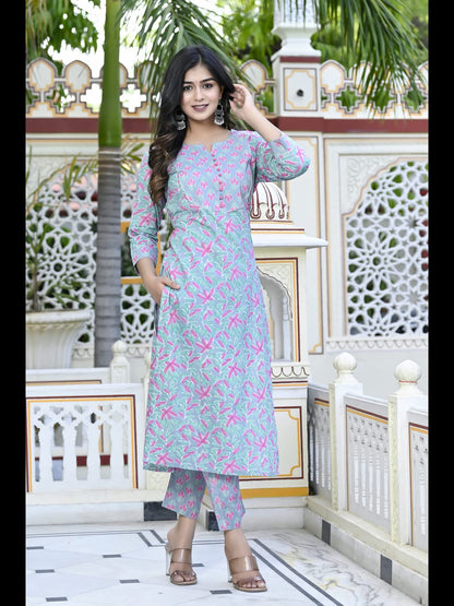 GoSriKi Women's Cotton Blend Printed Straight Kurta with Pant (Tidhara Green-CMD-GS)