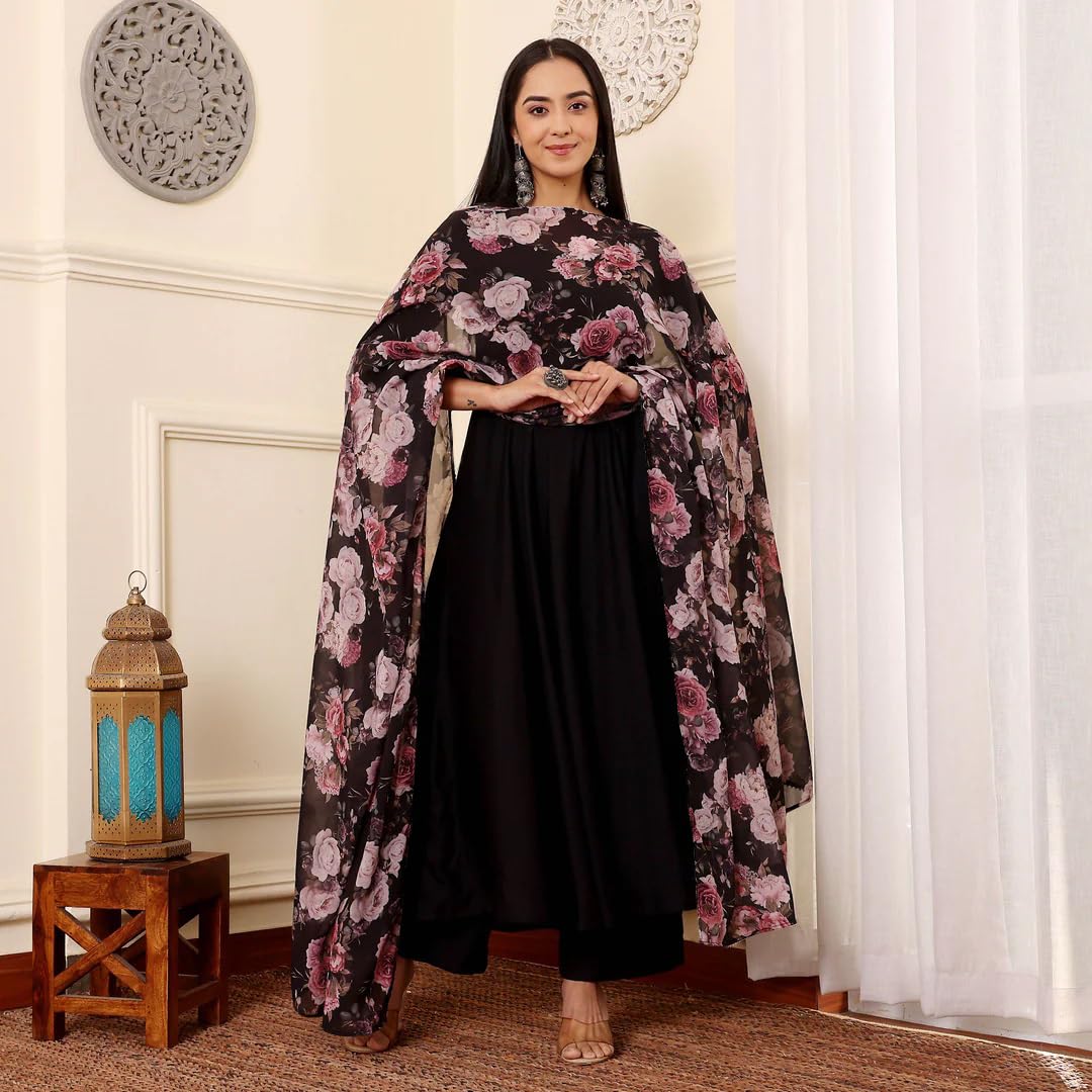 Toochki WomenS Rayon Viscose Anarkali Kurta With Palazzo & Floral Printed Dupatta Black
