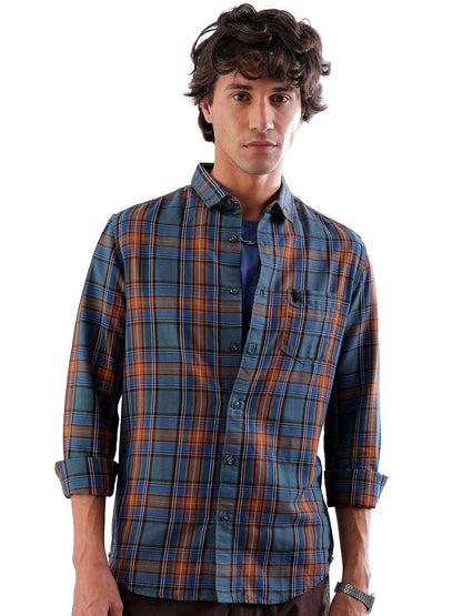 The Indian Garage Co Mens Teal Cotton Slim Fit Full Sleeve Checked Shirt