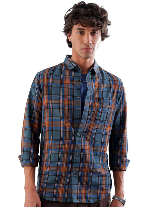 The Indian Garage Co Mens Teal Cotton Slim Fit Full Sleeve Checked Shirt
