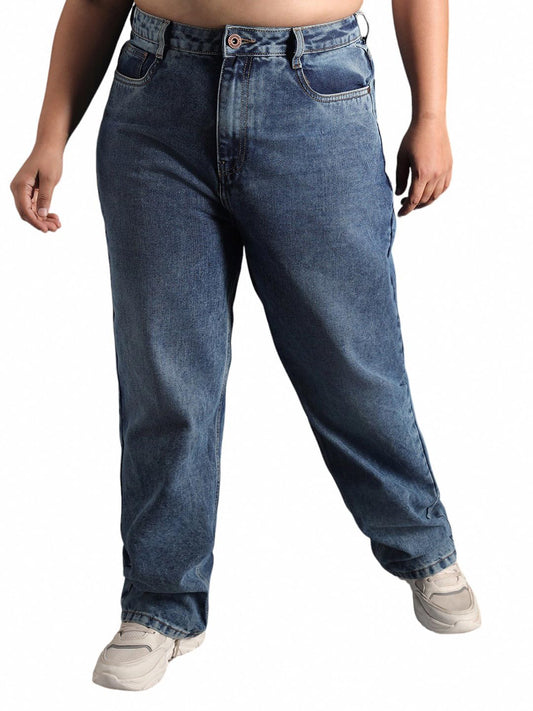 High Star Women Plus Size Straight Fit Pure Cotton High-Rise Light Fade Jeans