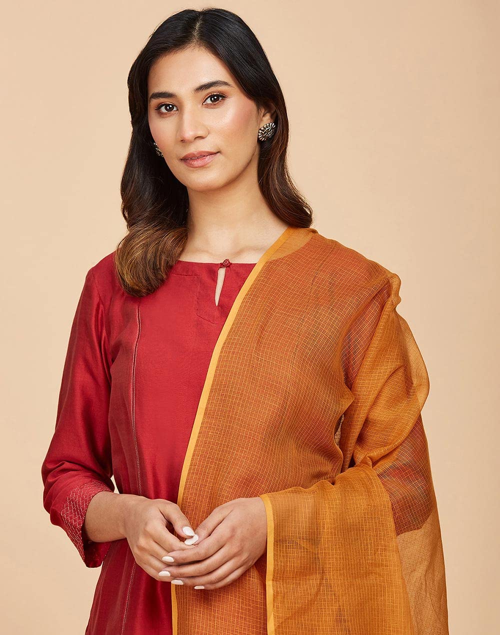 Fabindia Orange Cotton Silk Kota Woven Plain Dupatta | Free Size | 1 Dupatta | 2.5m x 92 cm