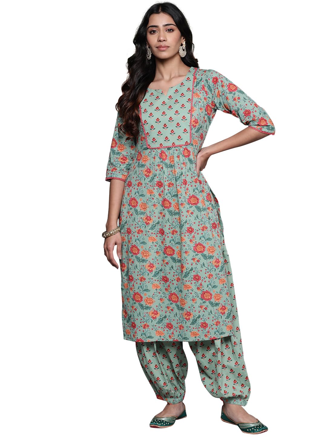 Libas Green Printed Cotton Straight Kurta With Salwar