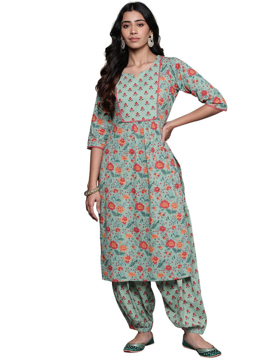 Libas Green Printed Cotton Straight Kurta With Salwar