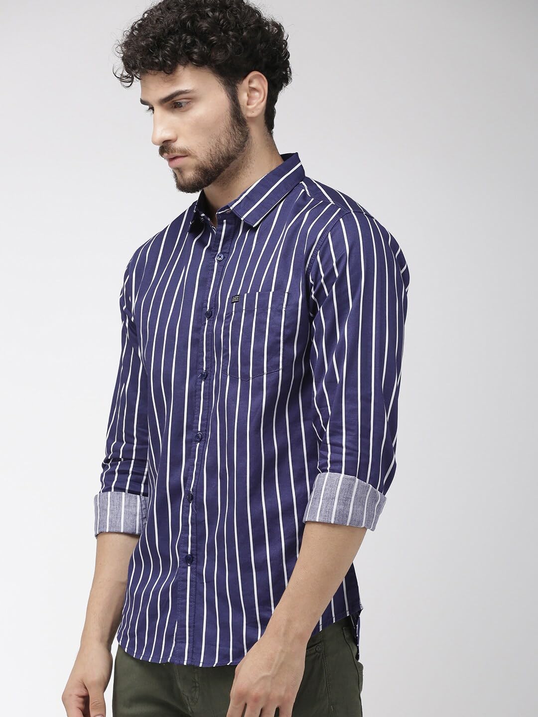 The Indian Garage Co Men Blue Striped Slim Fit Cotton Casual Shirt
