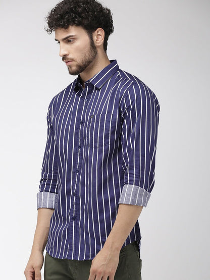 The Indian Garage Co Men Blue Striped Slim Fit Cotton Casual Shirt