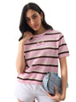 The Souled Store Open Knit T-Shirt: Pink Panther Women and Girls Short Sleeves Round Neck Striped Embroidered Cotton Relaxed Fit
