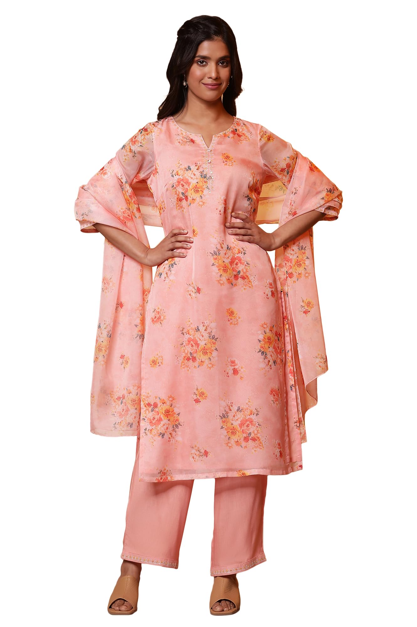 Aurelia Women Polyester Floral Kurta Set (24Feas15215_Peach, Large