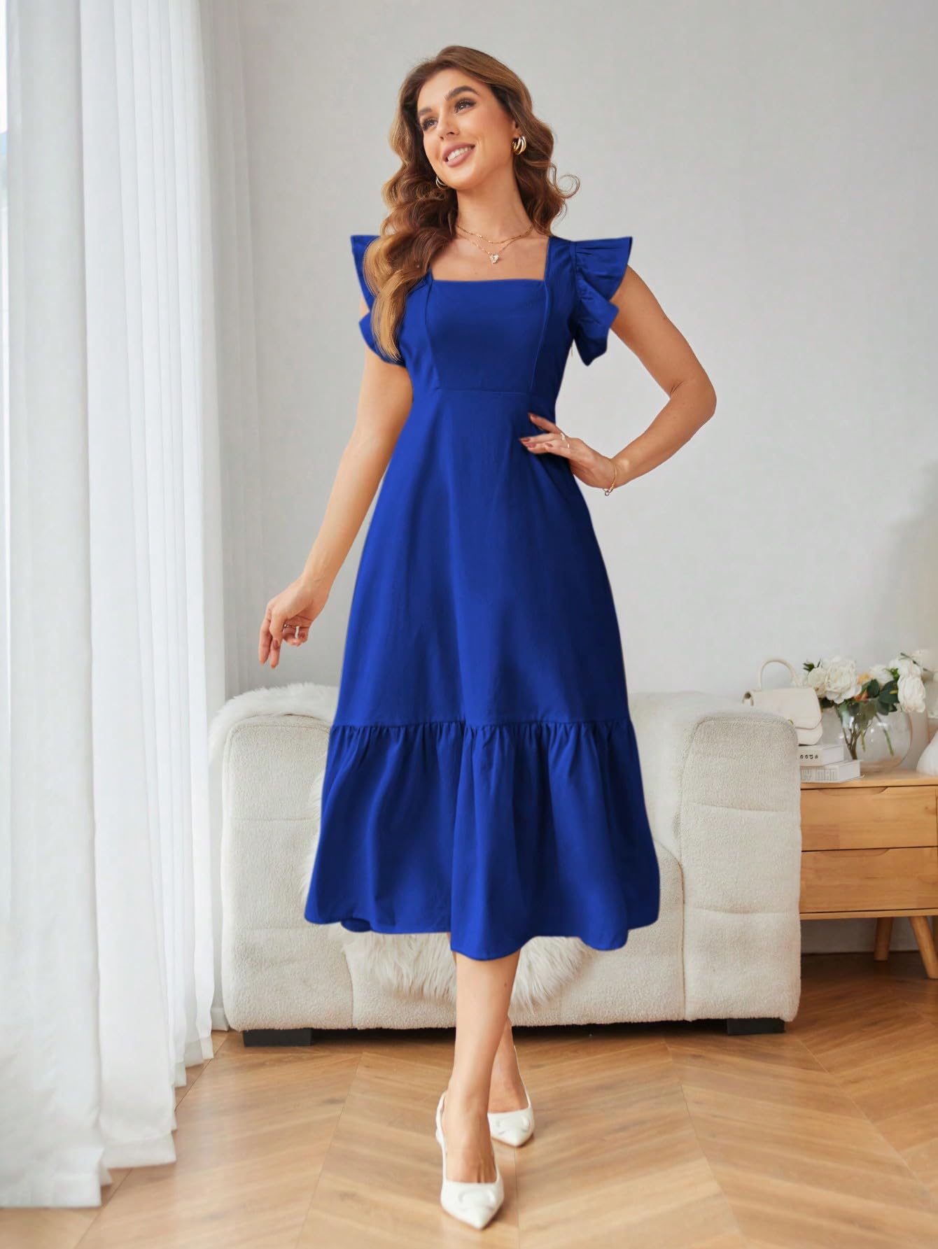 Shasmi GirlS & WomenS Solid Royal Blue Color Square Neck, Ruffle-Trimmed Hem Sleeveless, Ruffle Armhole And Casual Dress With
