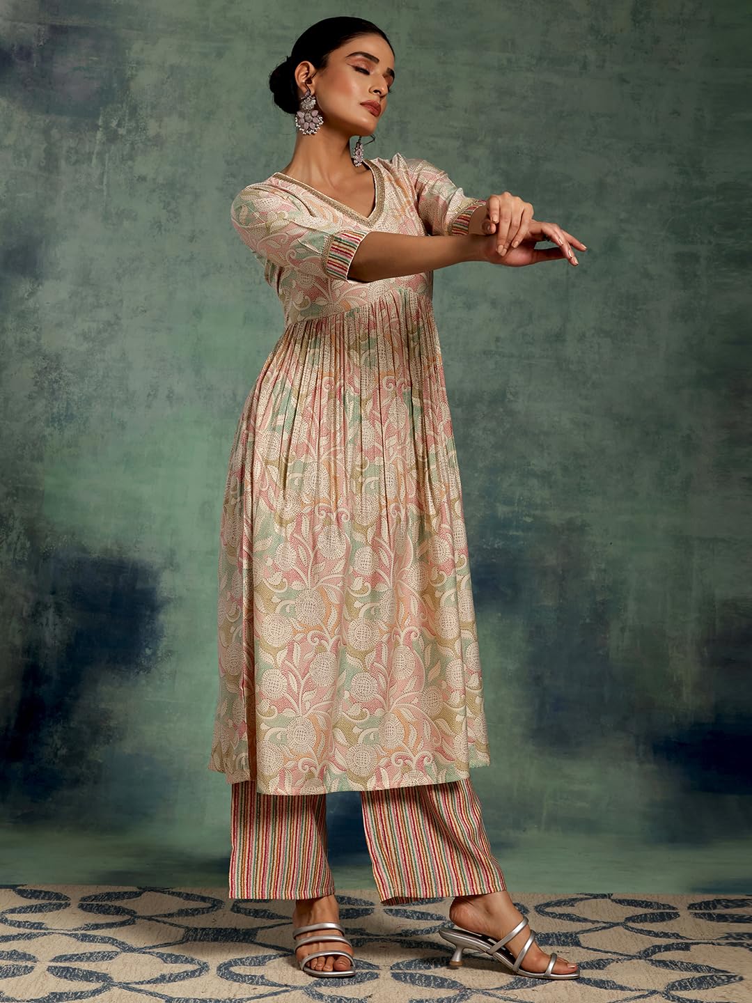 Libas Beige Printed Silk Blend Anarkali Kurta With Palazzos