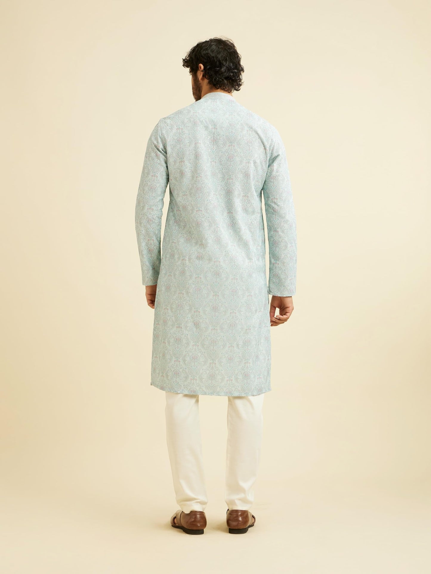 Manyavar MenS Cotton Blend Chikankari Sequined Kurta Pyjama Set (Green,M)