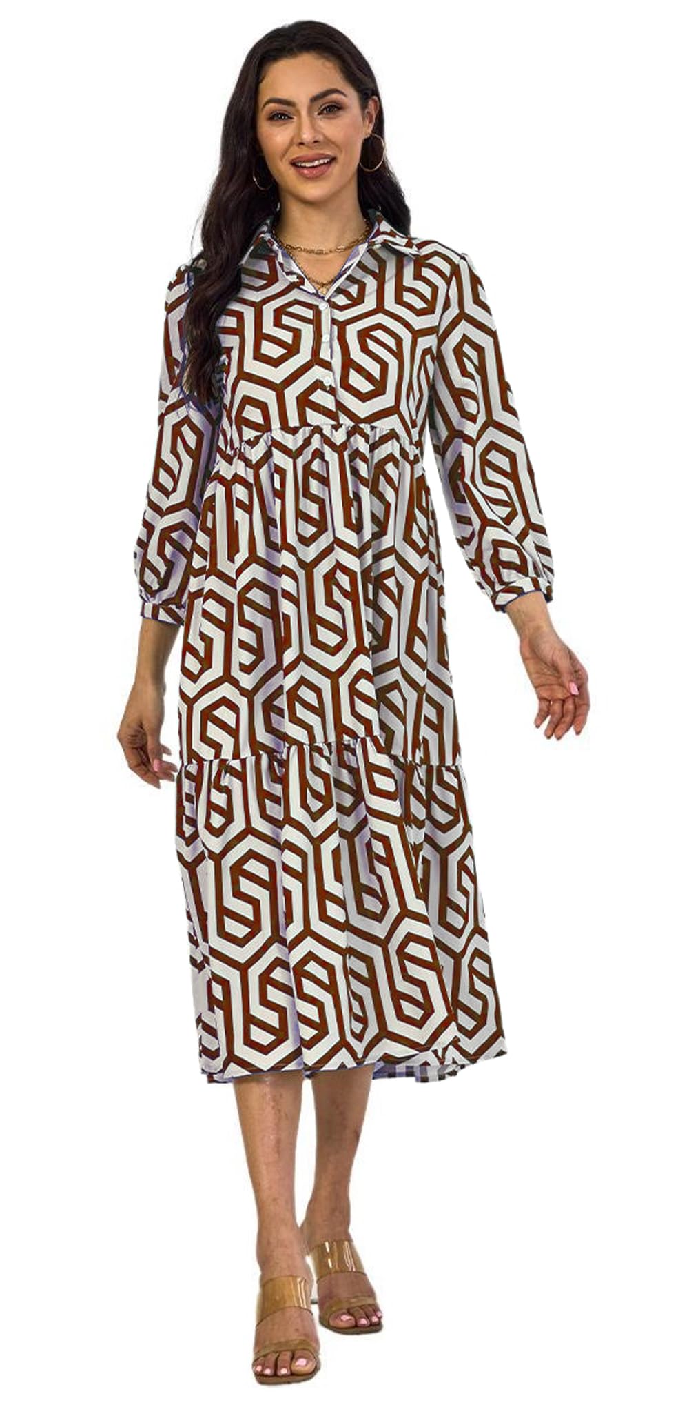 Shasmi Women & Girls Solid Maroon Geometric Print Collared Dress With Long Cuffed Sleeves, Panelled Hem And A Button-Up Front Ga
