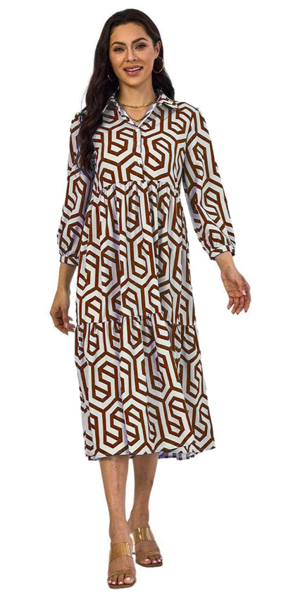 Shasmi Women & Girls Solid Maroon Geometric Print Collared Dress With Long Cuffed Sleeves, Panelled Hem And A Button-Up Front Ga