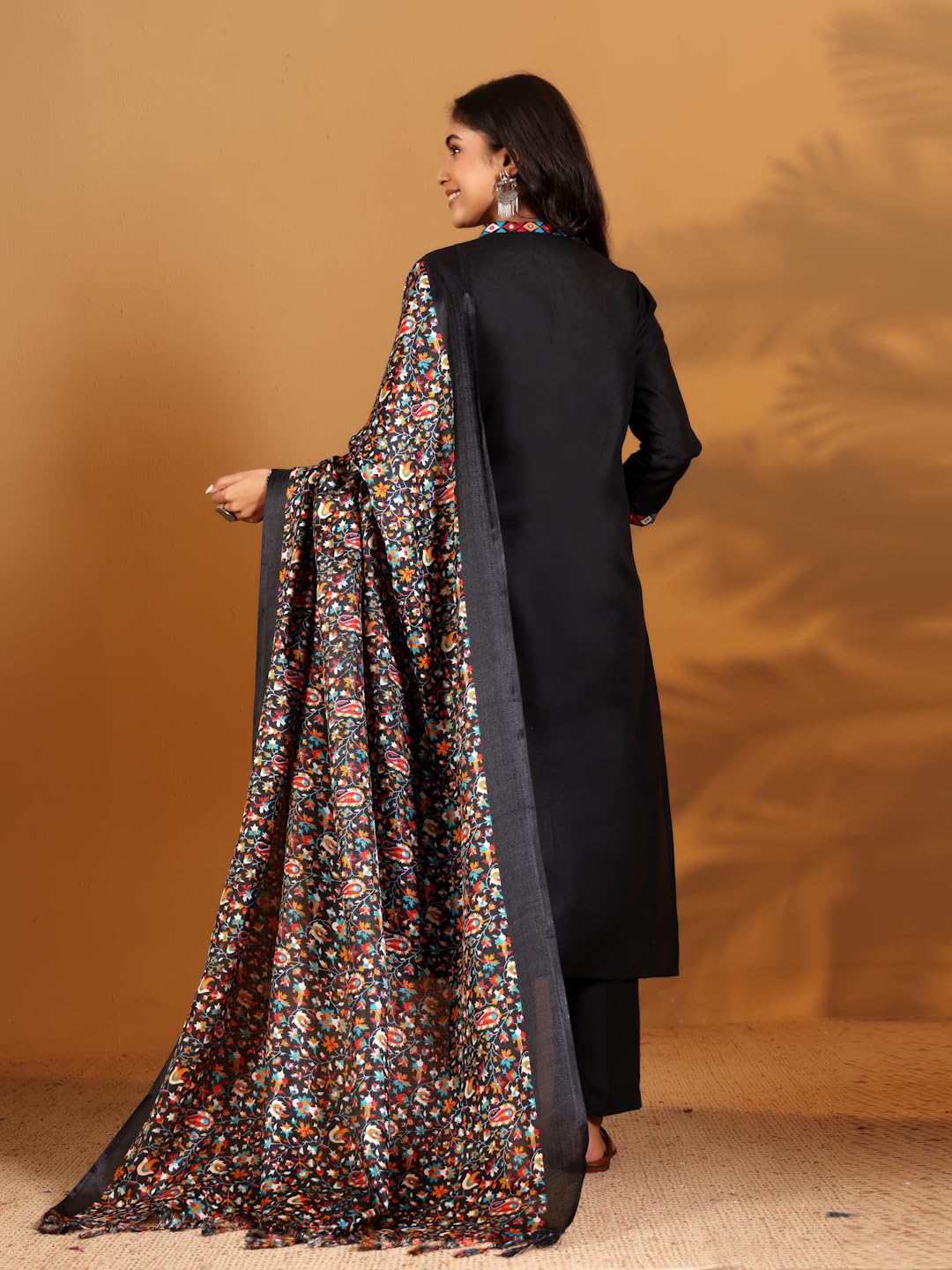Varanga WomenS Black V-Neck Kurta Set With Ankle-Length Pants & Kalamkari Dupatta  Elegant Ethnic Wear For Festive & Casual Occ