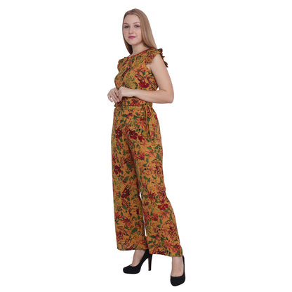 POPWINGS Casual Mustard Printed Top and Palazzo Set for Women - Latest Stylish Western Co-Ords Summer Wear - Sleeveless Round-Ne