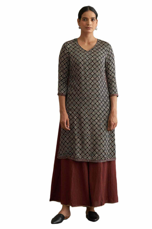 W for Woman Ajrakh Print Lustrous Satin Viscose Kurta for Women