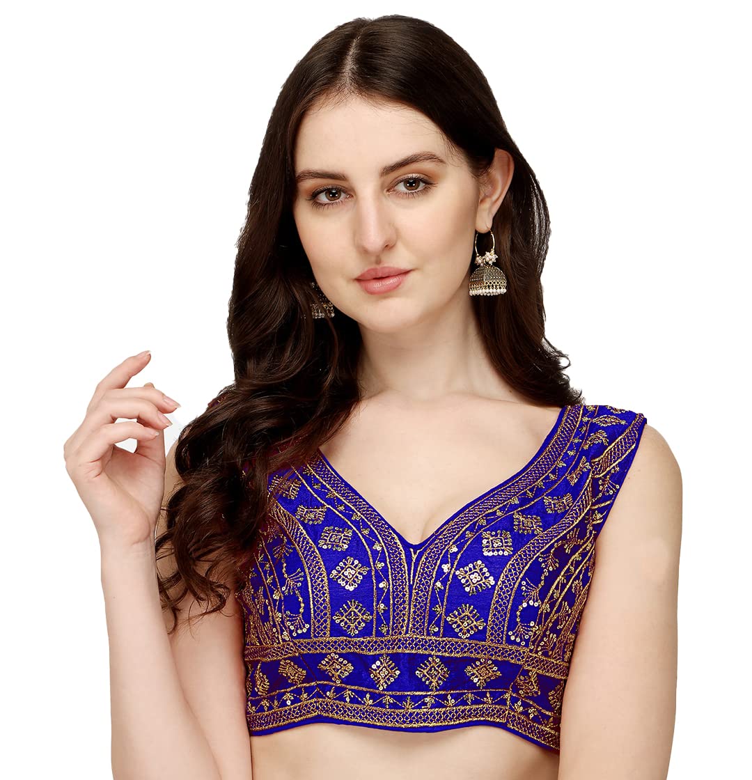 Vihu Fashion WomenS Silk Embroidery Sequins Zari Work Readymade Saree Blouse