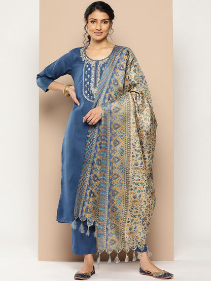Varanga WomenS Blue Embroidered Yoke Straight Kurta With Tonal Bottom And Printed Bhagalpuri Dupatta, Round Neck, Three-Quarter