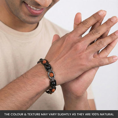 Astrotalk Metal Rudraksha & Karungali Bracelet (Black) | Spiritual Protection & Mental Peace Energy | Ebony Wood & 5 Mukhi Rudraksha Healing Bracelet for Man & Women | Gift for Man & Woman