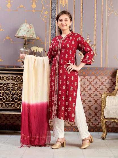 Aarika Girls Ethnic Wear Maroon-Off White Colour Foil Print Rayon Kurti Pant Set-8-15 Years (Kp-Sd-2944)