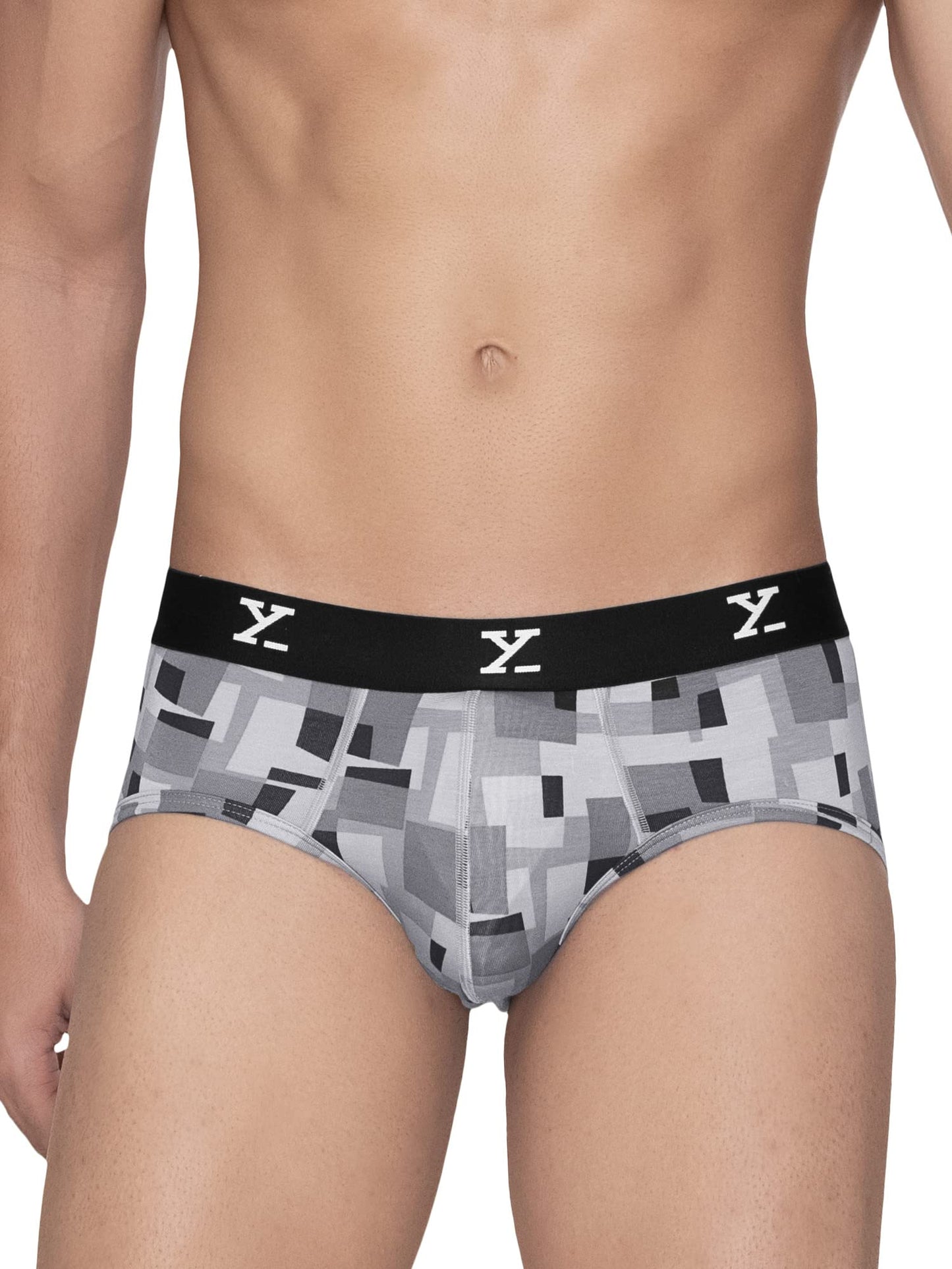 XYXX Mens Modal Slim Geometric Briefs (Pack of 3) (XY_R5_BRF_03_Triad Red + Boxy Grey + Prism Blue