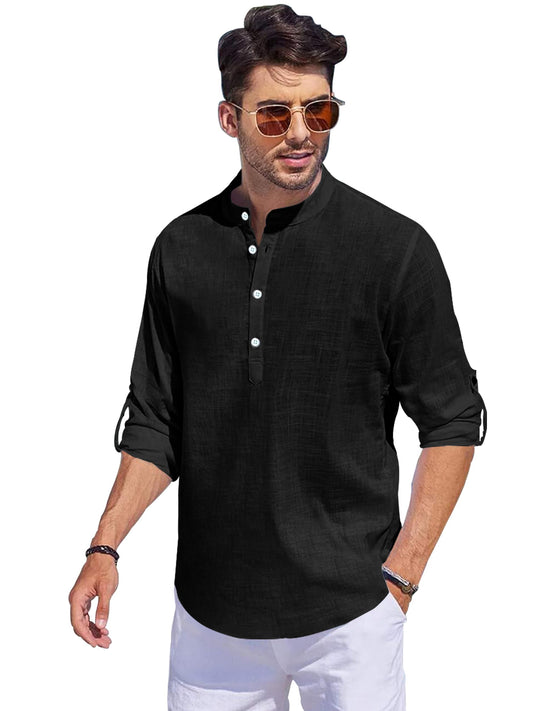 Noble Monk Men Full Sleeve Solid Casual Regular Fit Mandarin/Chinese Collor Short Kurta For Men Black