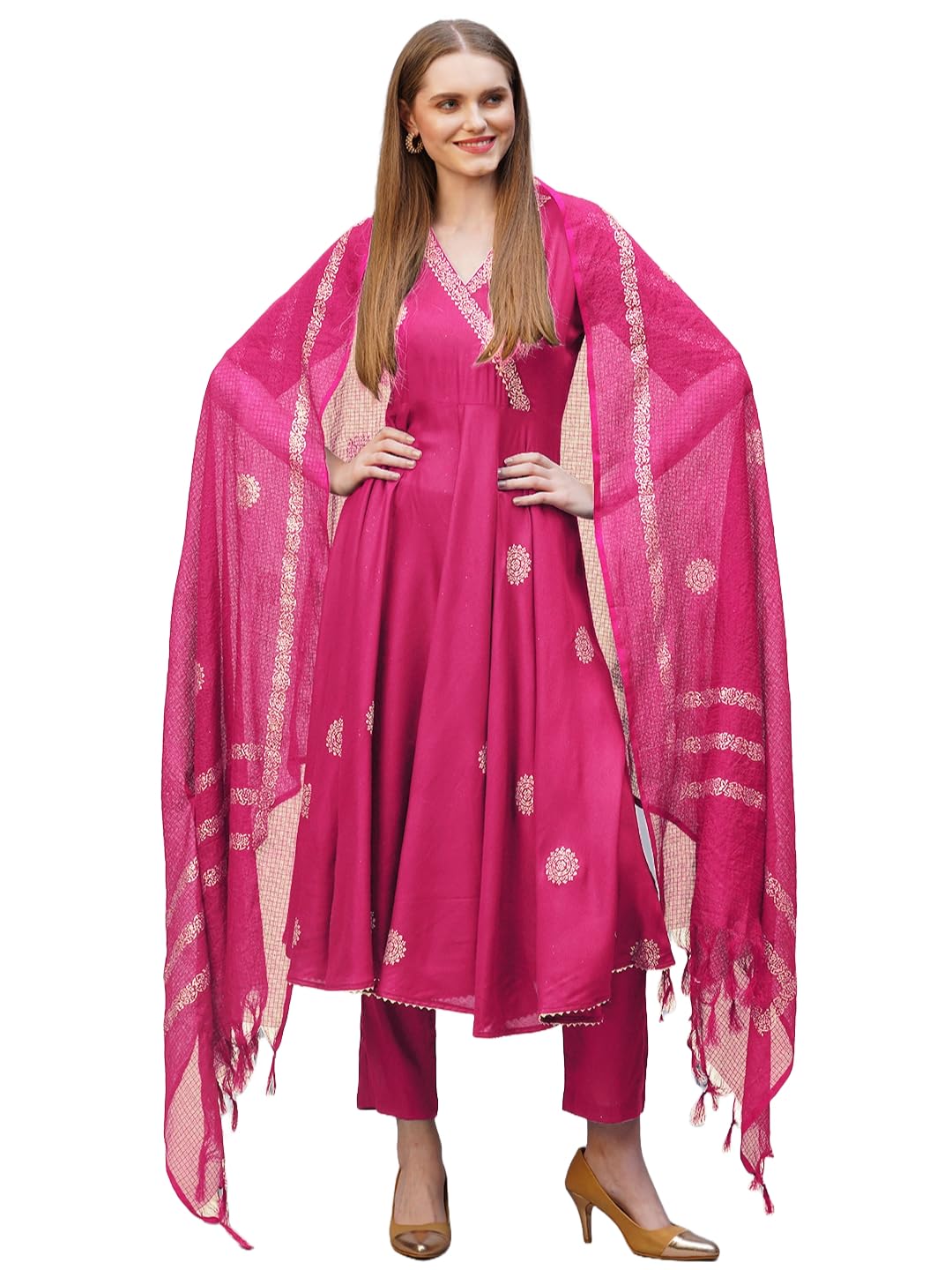 Gosriki WomenS Rayon Blend Anarkali Printed Kurta With Pant & Dupatta (Berlin Pink-Nb-Gs_Xxl_Pink_Xx-Large)