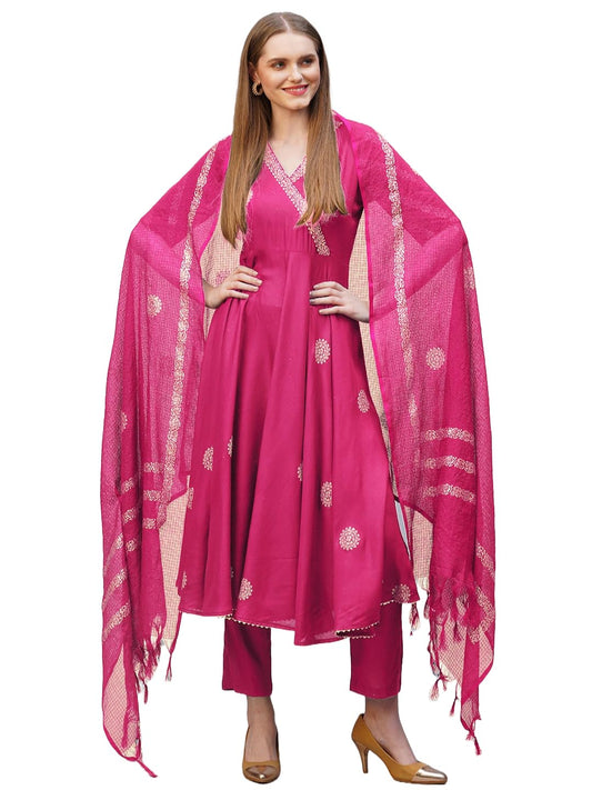 Gosriki WomenS Rayon Blend Anarkali Printed Kurta With Pant & Dupatta (Berlin Pink-Nb-Gs_Xxl_Pink_Xx-Large)