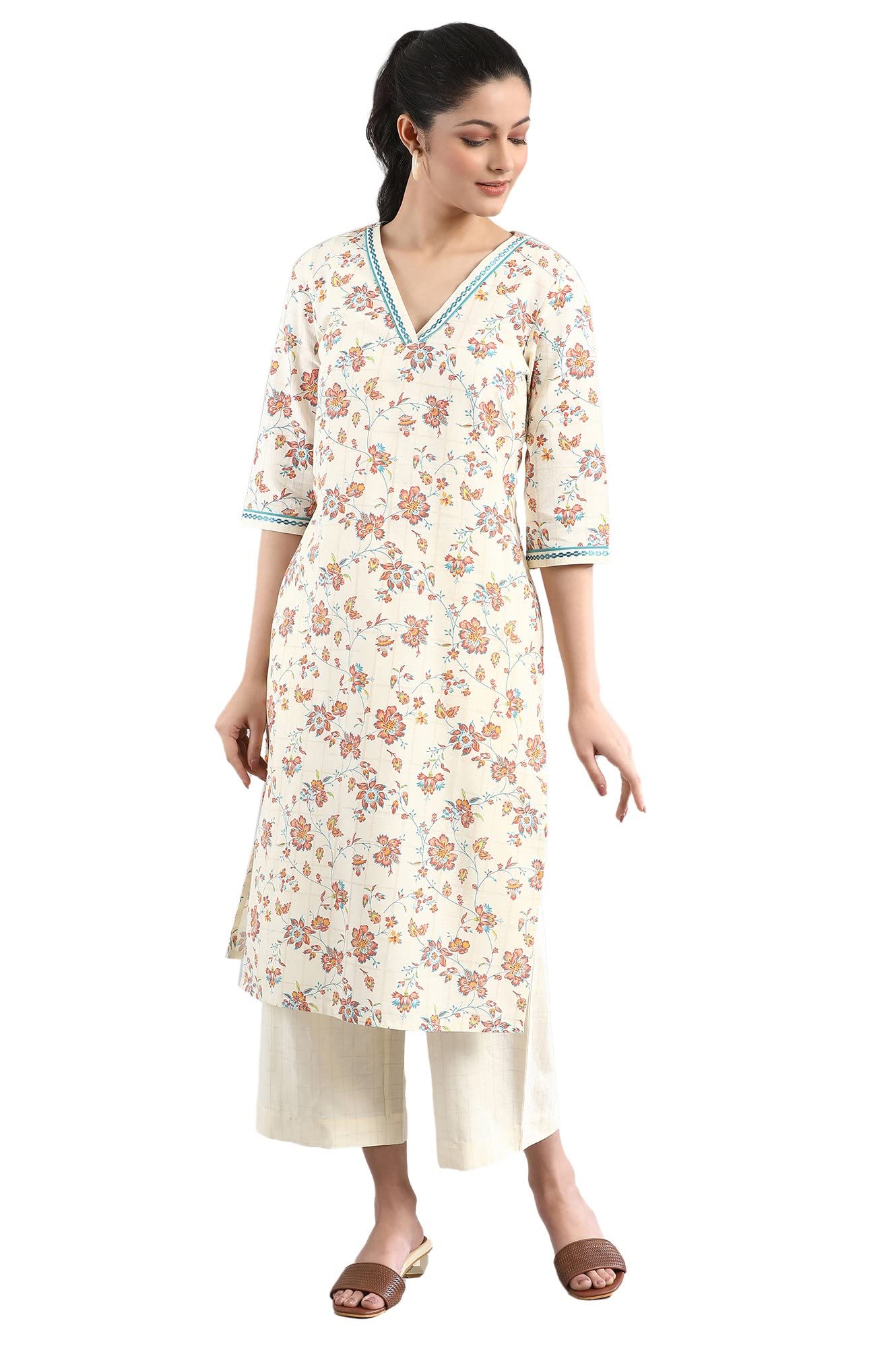 Beige Floral Print Ethnic Kurta Set